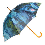 Image of a Clifton Timber Manual Monet Water Lilies Umbrella: A sturdy wooden-handled umbrella featuring a classic Monet water lilies print, perfect for both protection from the rain and a touch of artistic elegance.